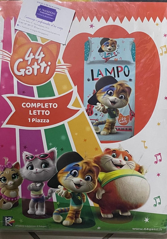 Set Lenzuola UNA PIAZZA in Cotone Personaggi 44 GATTI LAMPO - Sopra, Sotto con angoli e Federa