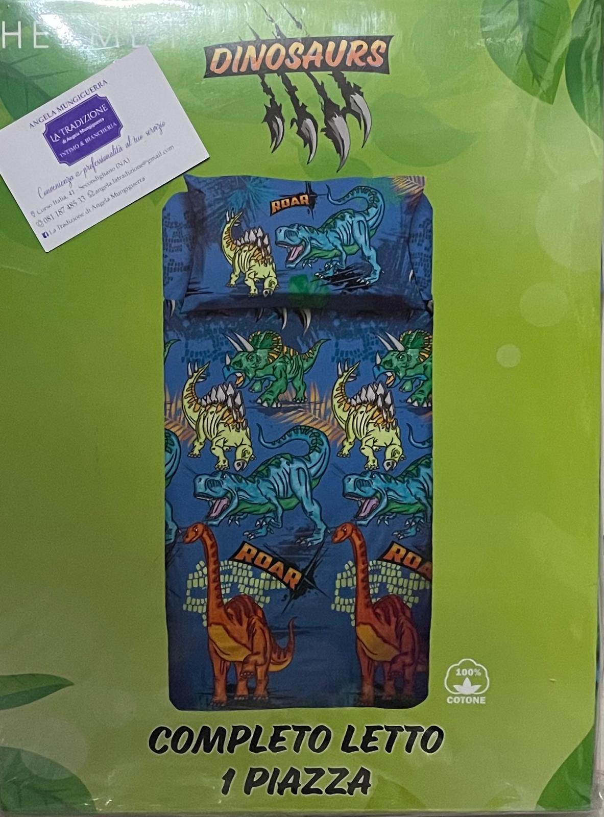 Set Lenzuola UNA PIAZZA in Cotone Personaggi DINOSAURUS - Sopra, Sotto con angoli e Federa